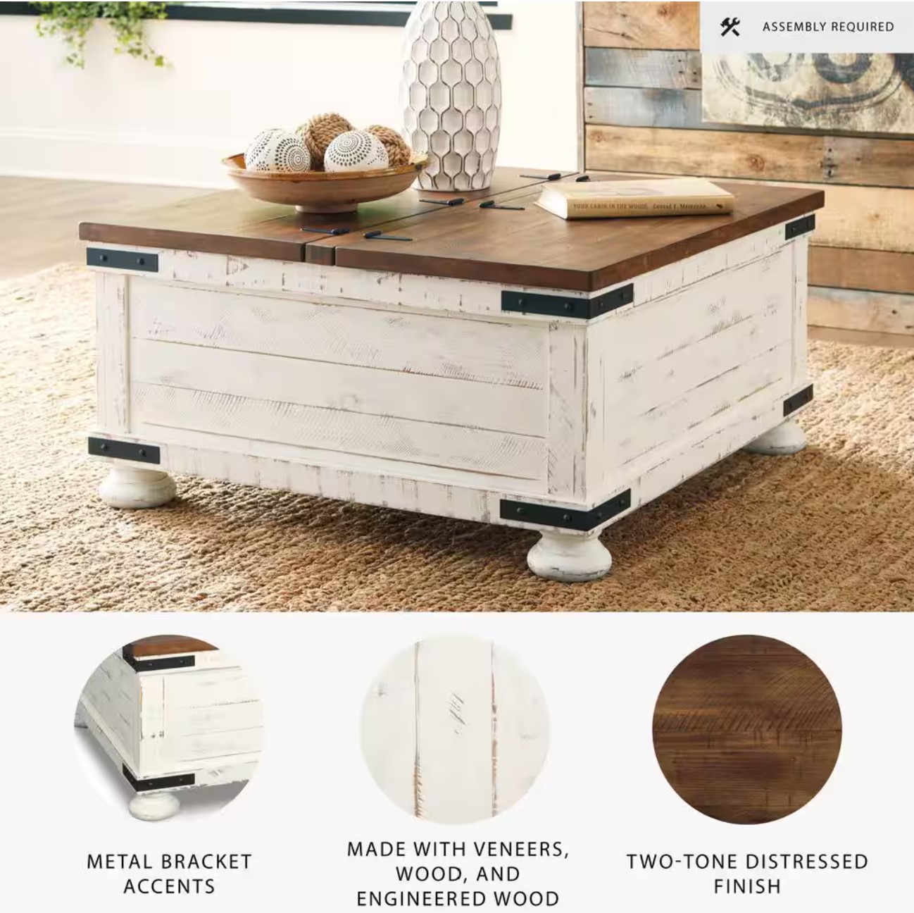 Wystfield 36 in. White Square Wood Coffee Table with Lift Top